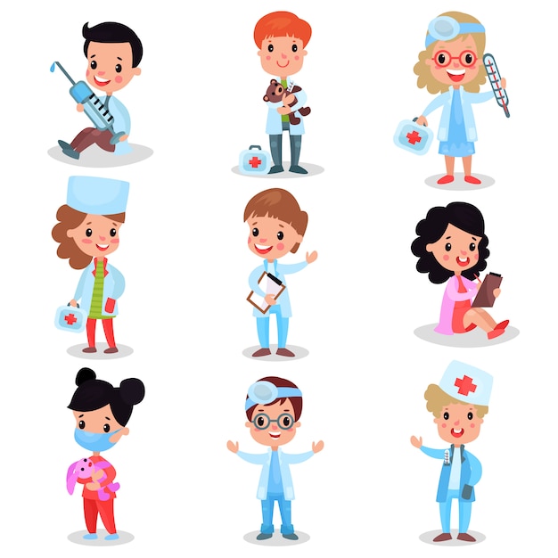 Little kids playing doctor set, cute boys and girls in professional clothing   illustrations