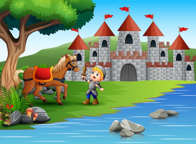 Little knight battling a horse in a castle landscape