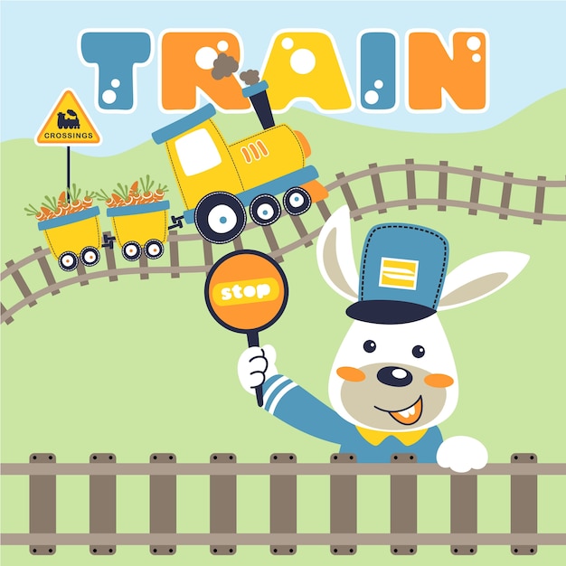 Vector little machinist cartoon with yellow train