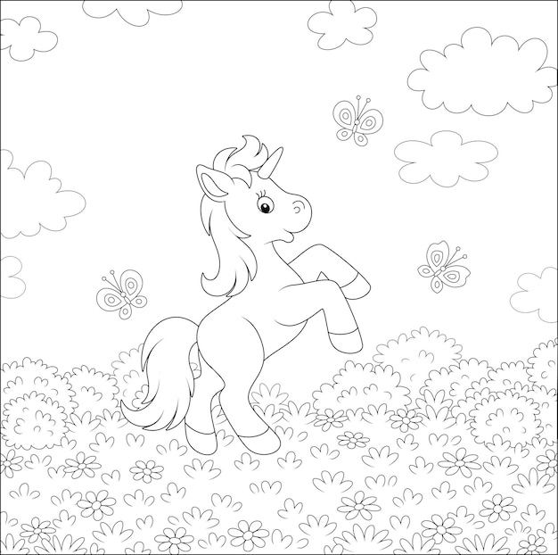 Little magical unicorn dancing with funny butterflies among wild flowers on a summer field