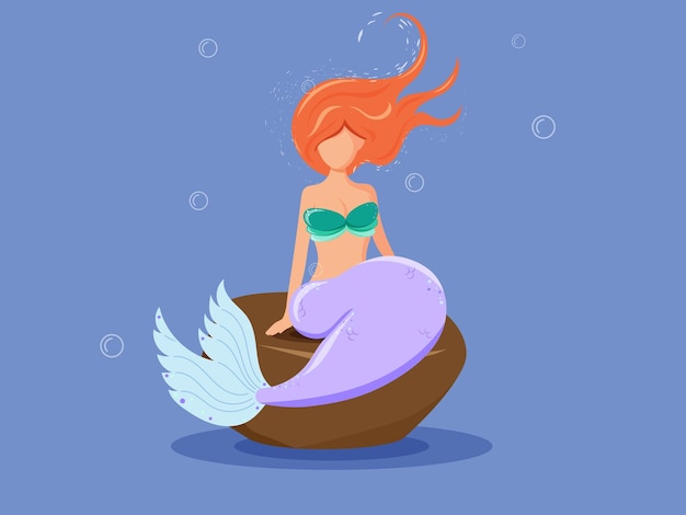 Vector the little mermaid character with orange hair and purple tail sits on a stone hand drawn vector illu