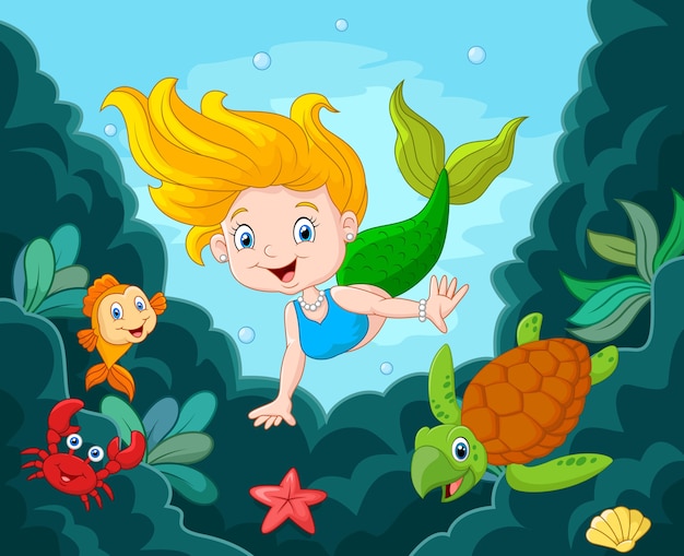 Little Mermaid Swimming Underwater with sea animals 