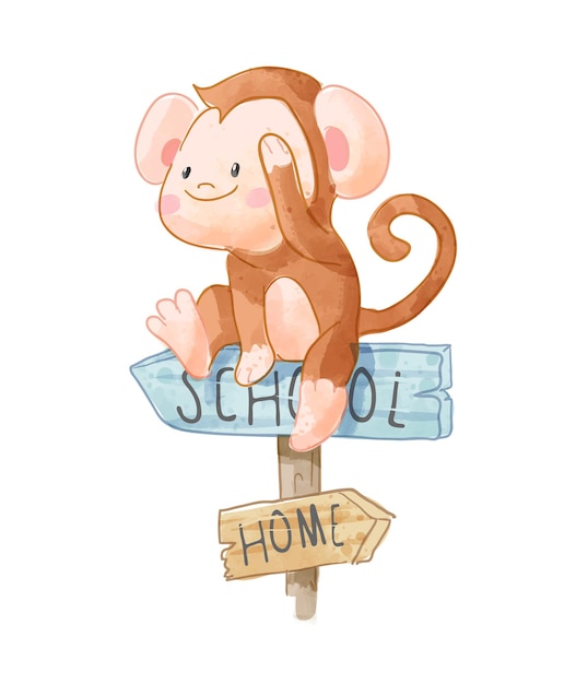 Little monkey sitting on school wood sign illustration