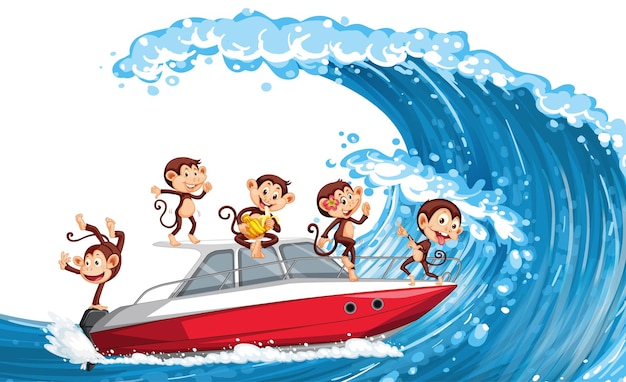 Little monkeys on speed boat on ocean wave