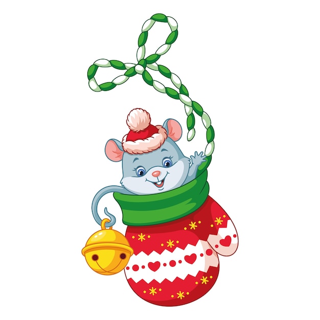 Little mouse in christmas mitten on white background