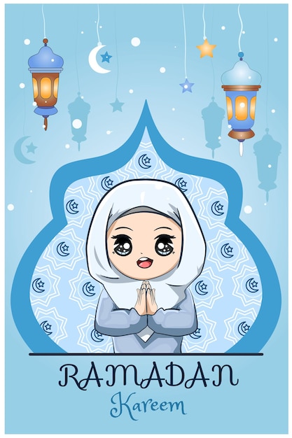 Little muslim girl ramadan kareem blue background cartoon illustration