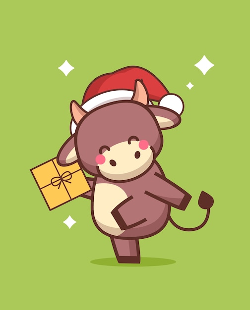 little ox in santa hat holding gift box happy chinese new year 2021 greeting card cute cow mascot cartoon character full length vertical vector illustration