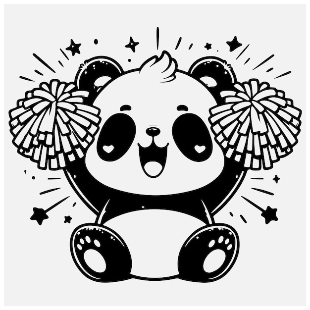 Vector a little panda cheering with pompoms raising hands up hawaii cartoon style stock illustration