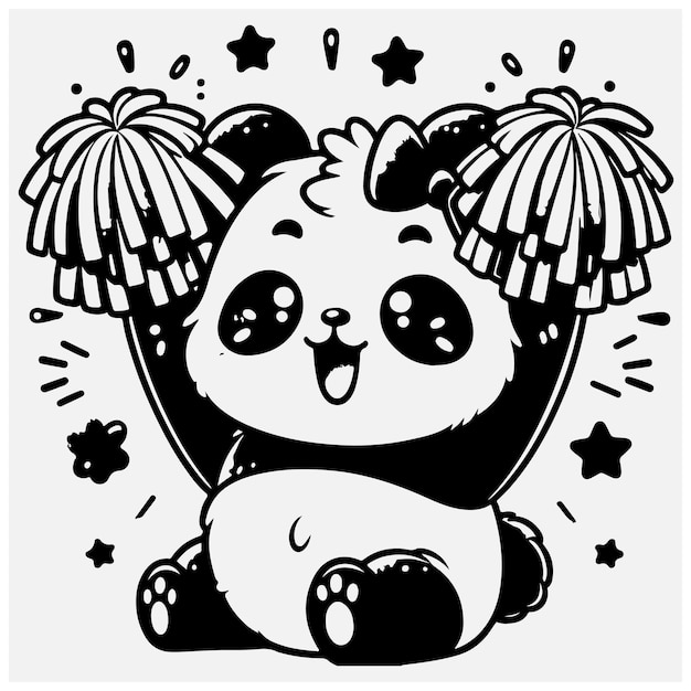 A Little Panda Cheering with Pompoms Raising Hands Up Hawaii Cartoon Style stock illustration