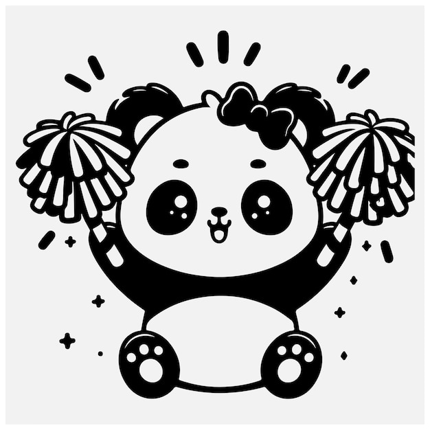 A Little Panda Cheering with Pompoms Raising Hands Up Hawaii Cartoon Style stock illustration