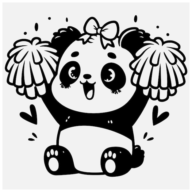 A Little Panda Cheering with Pompoms Raising Hands Up Hawaii Cartoon Style stock illustration