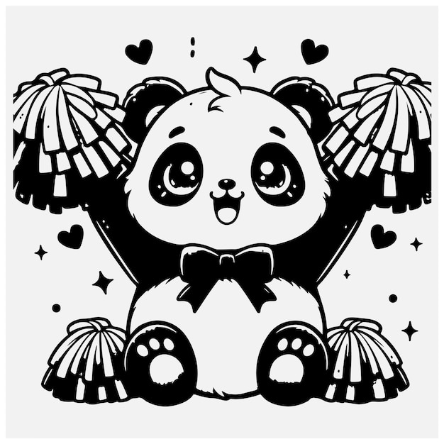 A Little Panda Cheering with Pompoms Raising Hands Up Hawaii Cartoon Style stock illustration