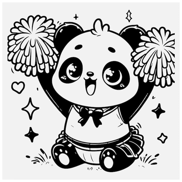 Vector a little panda cheering with pompoms raising hands up hawaii cartoon style stock illustration