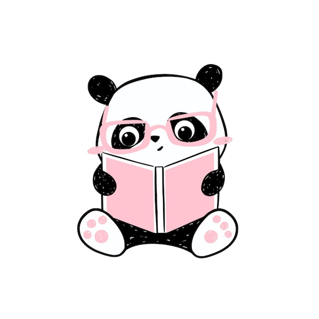 Little panda illustration. Cute hand-drawn panda character  in pink glasses reading a book.