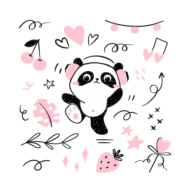 Little panda Illustration listening to music in headsets and dancing.