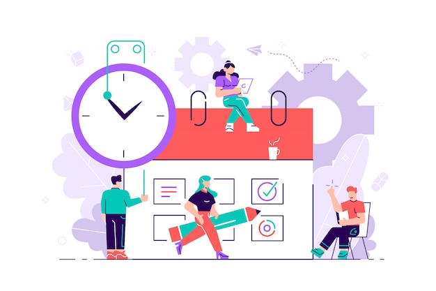 Little people characters make an online schedule in the tablet.  design business graphics tasks scheduling on a week.