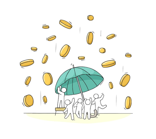 Little people with falling coins and umbrella