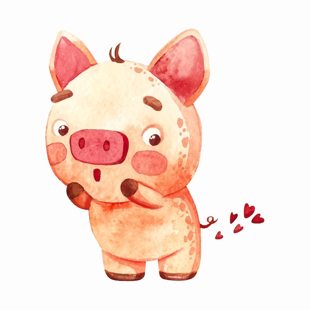 Little pig farts with hearts. Humorous Valentines day, Cute romantic watercolor clipart.