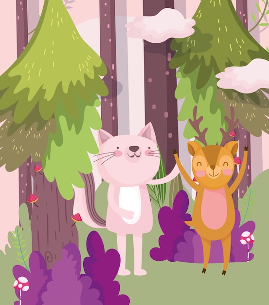 Little pink cat and deer cartoon character forest foliage nature 