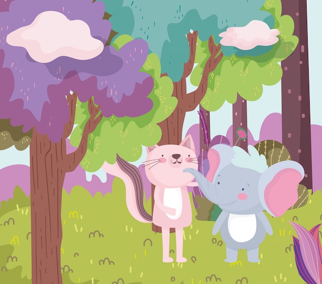 Little pink cat and elephant cartoon character forest foliage nature 