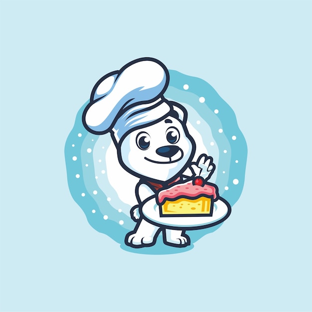 Little Polar Bear Chef holding Piece of Cake Mascot   Design