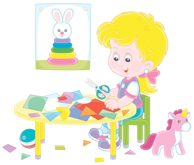 Little preschool girl cutting outlines and figures from color paper with scissors