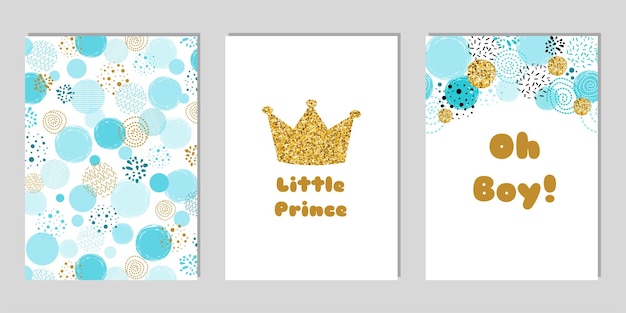 Little prince Baby shower card template set Oh Boy blue invitation design for baby shower party Gold crown on blue background Its a boy banner for party congratulation Vector illustration