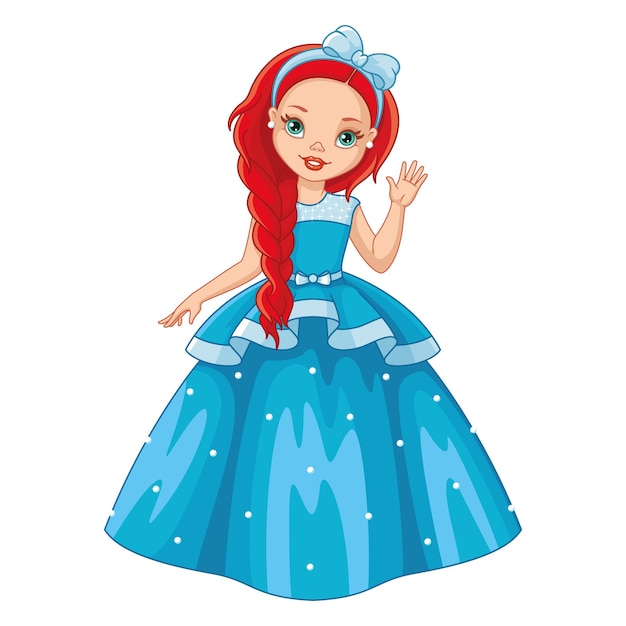 Little princess in blue dress, vector cartoon illustration