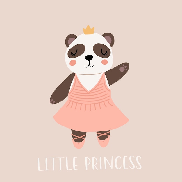 Little princess cute funny little ballerina panda Vector kids illustration Scandinavian style flat design Cartoon children concept