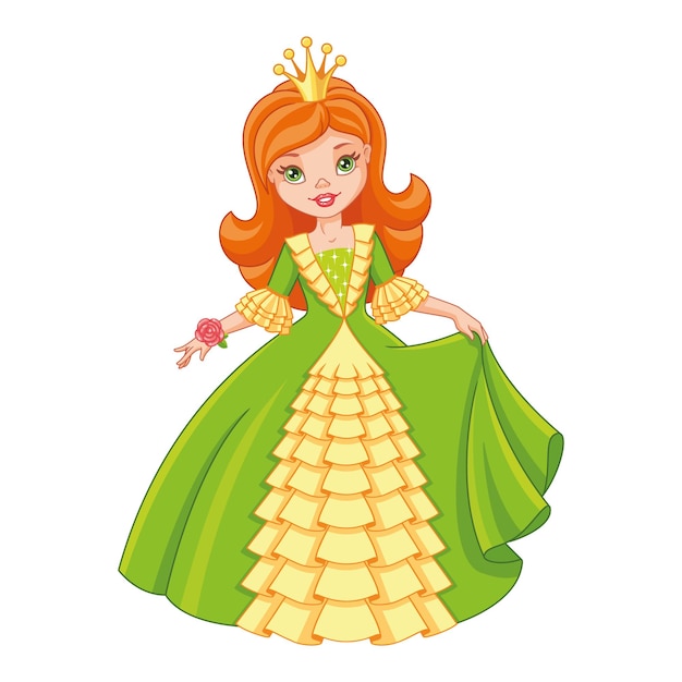 Little princess in green dress, vector cartoon illustration