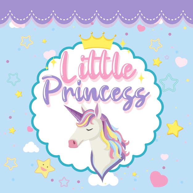 Little princess logo with cute unicorn head on blue background