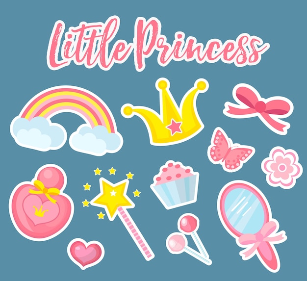 Little princess set of modern fashionable stickers patches badges Cute pink accessories collection with mirror perfume rainbow flowers crown magic wand Vector illustration