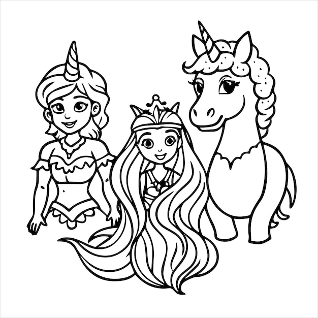 a little princess and a unicorn are in a drawing