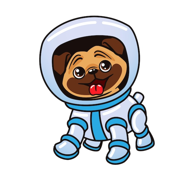 little pug dressed in space suit astronaut dog Isolated vector illustration on white background