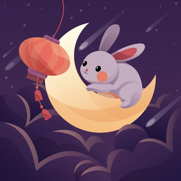 Vector a little rabbit sitting on the moon playing with a lantern