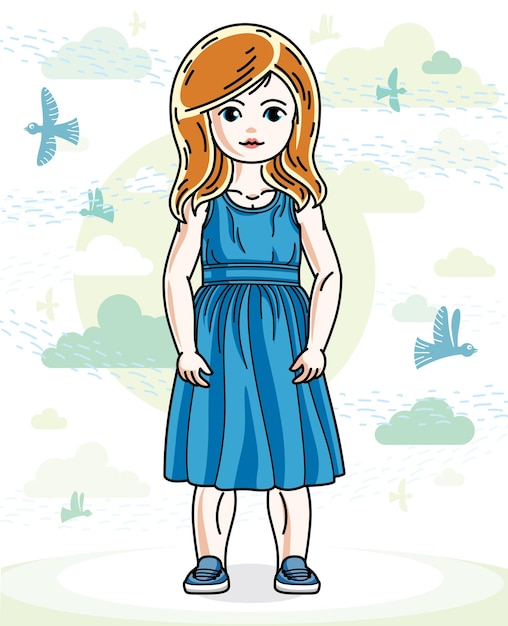 Little red-haired cute girl toddler in casual clothes standing on nature backdrop with birds and clouds. Vector illustration of pretty child.