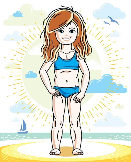 Little red-haired girl cute kid standing on beach in bikini. Vector attractive kid illustration.