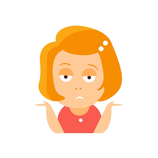 Little Red Head Girl In Dress Upset Flat Cartoon Character Portrait Emoji Vector Illustration