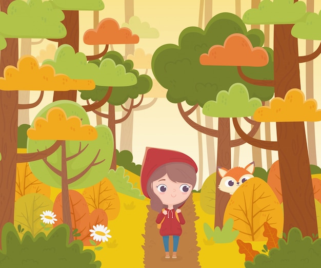 little red riding hood walking in the forest and wolf watching fairy tale cartoon illustration