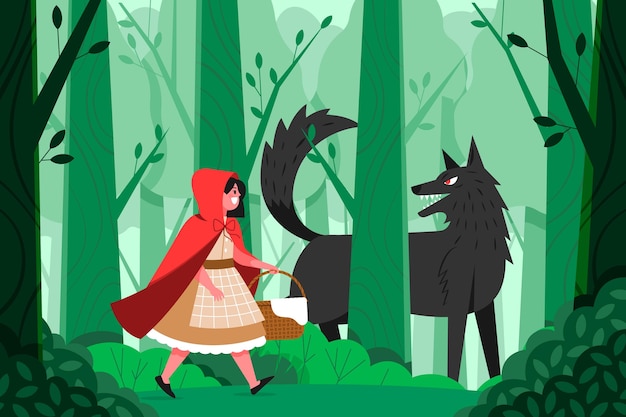 Little red riding hood with wolf illustration