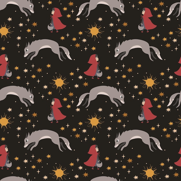 Little Red Riding Hood and wolf fairy tale characters Stars night Seamless pattern Vector illustration