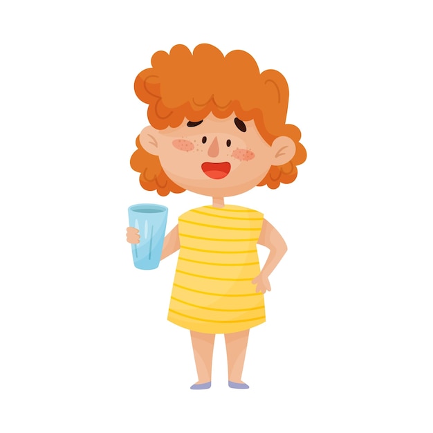 Little redhaired girl character drinking water from glass vector illustration