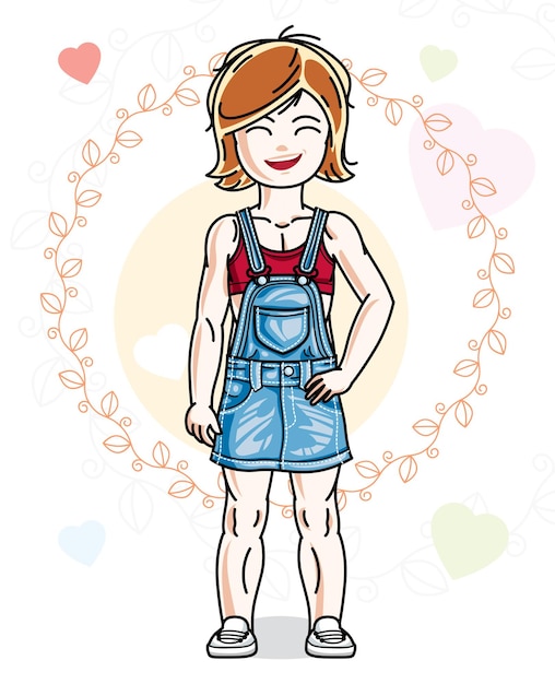 Little redhead cute child in wearing different casual clothes and standing on colorful backdrop with hearts. Vector illustration of nice girl.