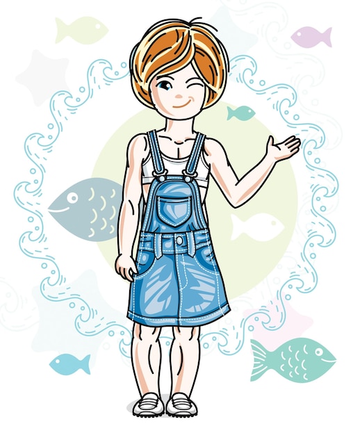 Little redhead girl cute child toddler in casual clothes standing on marine backdrop with ocean and fishes. Vector pretty nice human illustration.