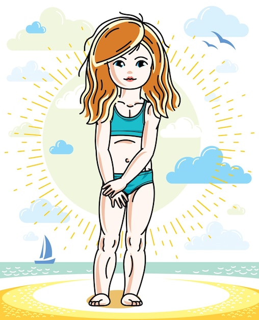 Little redhead girl toddler standing on sunny beach and wearing swimming suit. Vector kid illustration. Summer holidays theme.