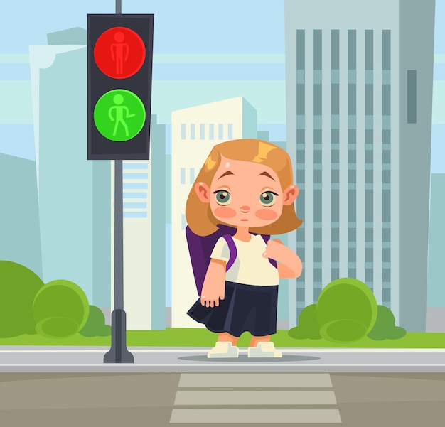 Little school girl crossing pedestrian abiding rules.   cartoon 