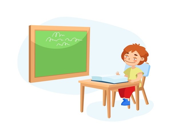 Little Schoolboy Character Sitting at Desk with Open Textbook