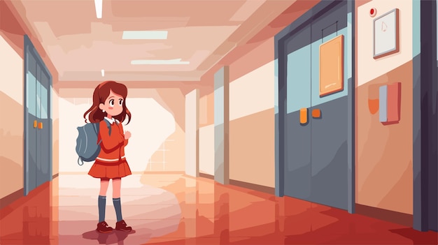 Vector little schoolgirl with schoolbag in school corridor