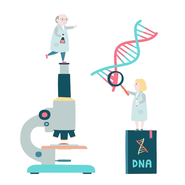 Little scientists concept. Microscop, DNA structure, genome sequencing. Vector illustration.