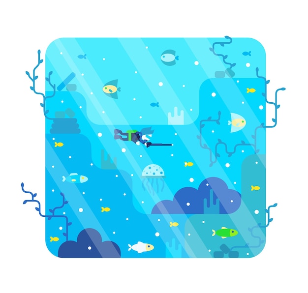 Little scuba diver with harpoon vector cartoon illustration in flat design